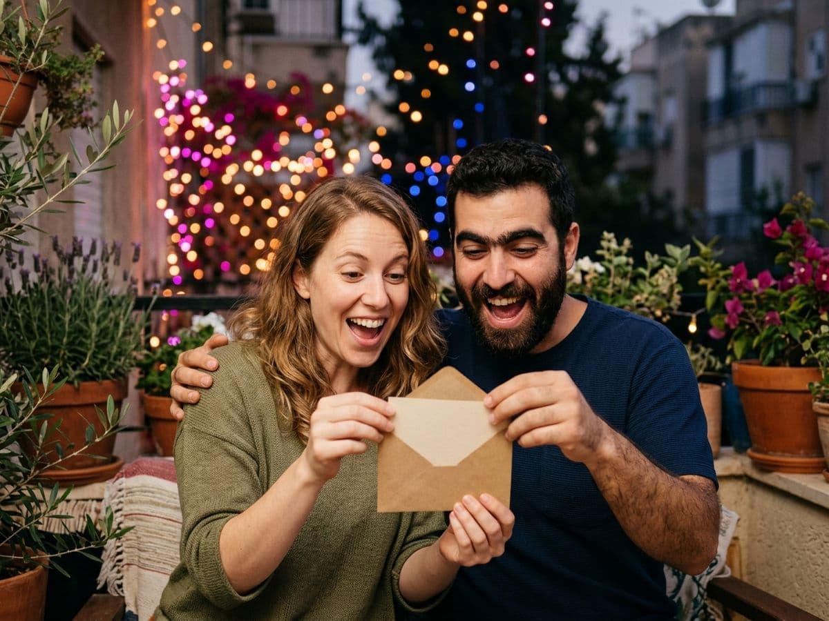 תמונה להמחשה: זוג פותח מעטפה עם הפתעה